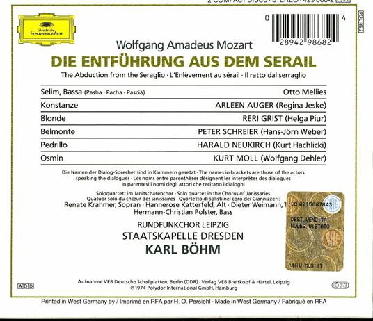 Il ratto dal serraglio (Die Entführung aus dem Serail) - CD Audio di Wolfgang Amadeus Mozart,Karl Böhm,Peter Schreier,Arleen Auger,Kurt Moll,Reri Grist,Staatskapelle Dresda - 2