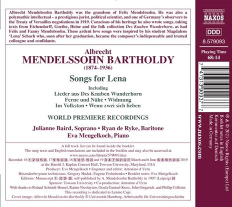 Songs for Lena - CD Audio di Felix Mendelssohn-Bartholdy,Julianne Baird - 2