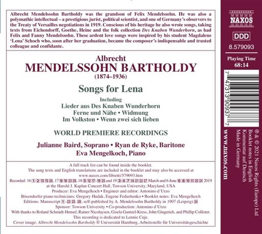 Songs for Lena - CD Audio di Felix Mendelssohn-Bartholdy,Julianne Baird - 2