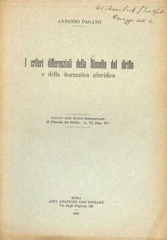 I criteri differenziali della filosofia del diritto e della dogmatica giuridica - Antonio Pagano - copertina
