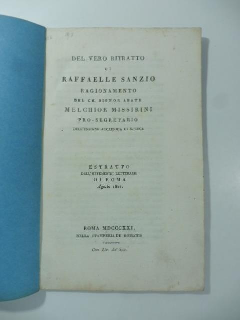 Del vero ritratto di Raffaelle Sanzio. Ragionamento - Melchior Missirini - copertina