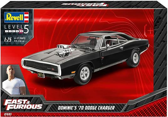 Revell 07693 Fast & Furious Dominics 1970 Dodge Charger, modello auto in scala 1:25 con la famosa serie di pellicole, 21,6 cm fedele all'originale modellino per professionisti, non verniciato - 2