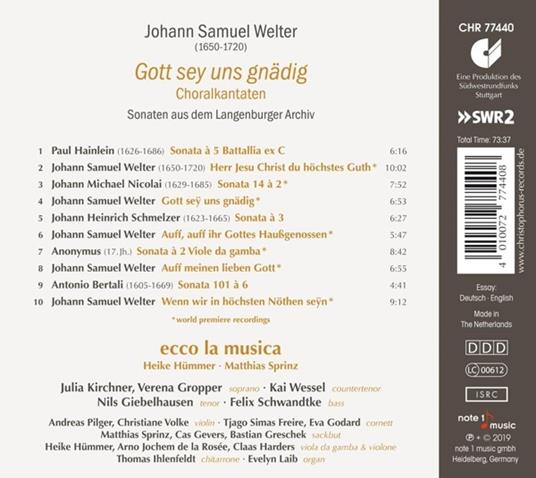 Gott Sey Uns Gnadig - CD Audio di Johann Samuel Welter - 2
