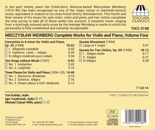 Weinberg. Complete Works For Violin & Piano Vol. 4 - CD Audio di Kalnitsm Yuri - Igor Yuzefovich - Michael Csanyi-Wills - 2