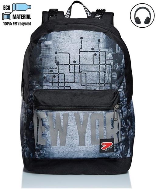 Zaino scuola reversibile Seven The Double In Town Jet Black. Nero-Grigio. Con cuffie wireless