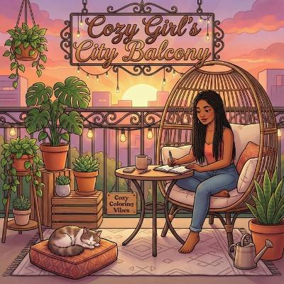 Cozy Girl's City Balcony: Relaxing Hygge Cute & Fun Coloring Book for Adults & Teens Easy Bold Line Designs of Urban Balcony Gardens, Apartment Plant Corners, City Skylines & Sunset Evenings Stress Relief, Creative Therapy & Screen-Free Self-Care Gift - Cozy Coloring Vibes - cover