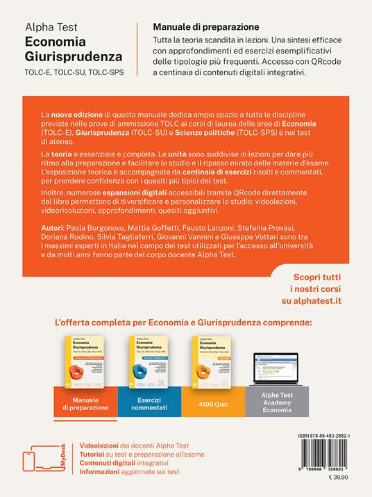 Alpha Test. Economia Giurisprudenza TOLC-E, TOLC-SU, TOLC-SPS 2026-2027. Manuale di preparazione. Per test di ammissione universitari. Con piattaforma digitale - Paola Borgonovo,Mattia Goffetti,Fausto Lanzoni - 2
