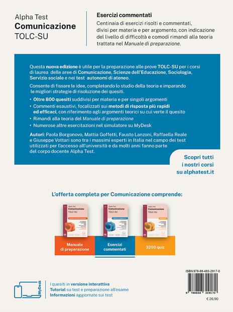 Alpha Test. Comunicazione 2026-2027. Esercizi commentati. Per esami di ammissione universitari. Con simulatore online - Massimiliano Bianchini,Paola Borgonovo,Mattia Goffetti - 2
